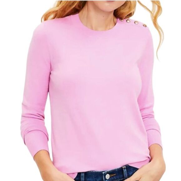 Loft Pink Knit Crew Neck Sweater Gold Buttons Long Sleeve Lightweight Soft‎ M - Picture 1 of 16